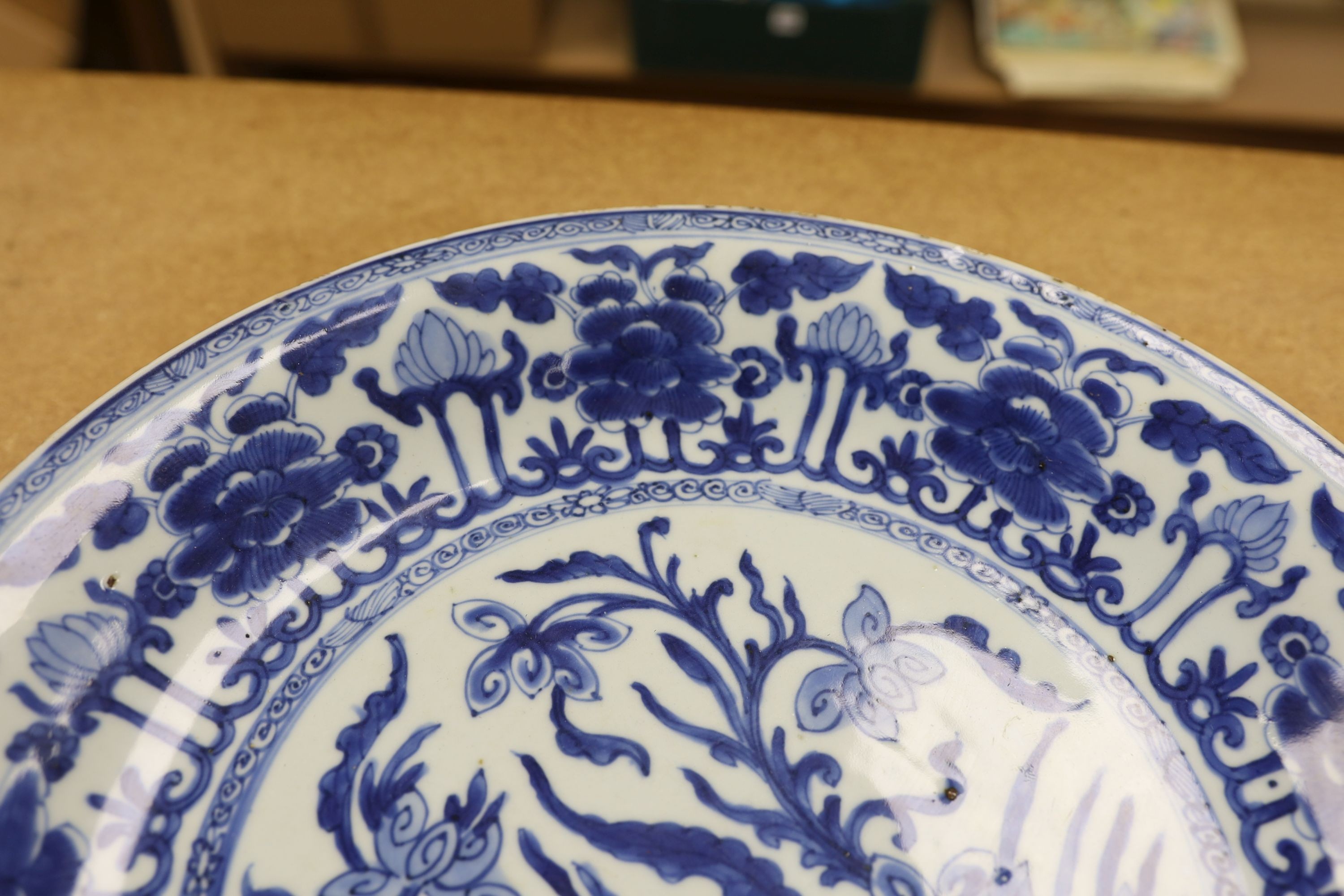 A Chinese blue and white ‘lotus’ dish, Kangxi period, 35cm